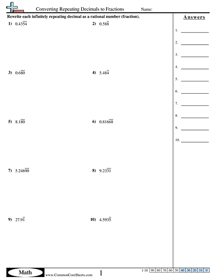 8.ns.1 Worksheets - Converting Repeating Decimals to Fractions worksheet